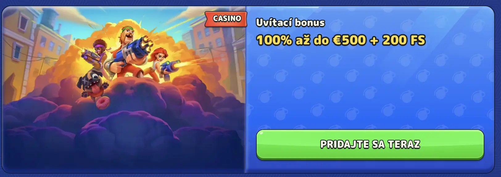 Promoakcia v kasíne Pistolo – uvítací bonus 100 % až do 500 € + 200 zatočení zdarma, akčný vizuál s postavami.